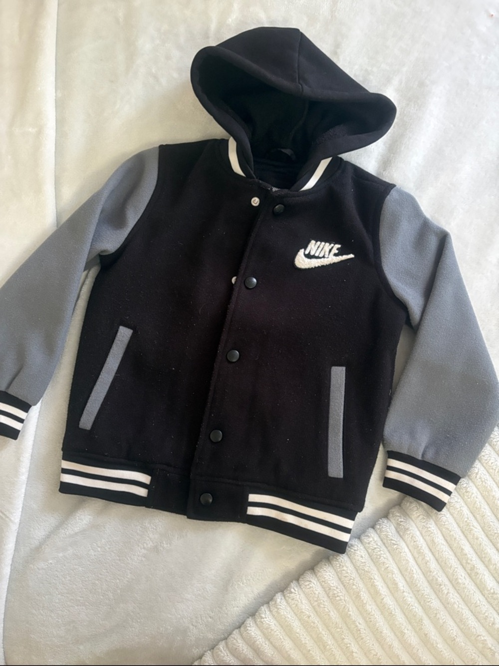 Nike Kids Black and Gray Hooded Varsity Jacket